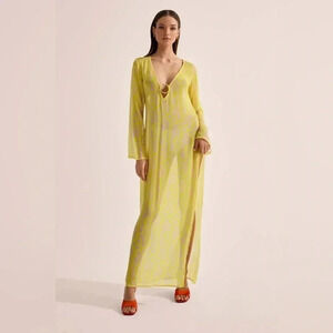 CIN CIN maxi dress swimsuit coverup long sleeve funky groovy print o ring gold